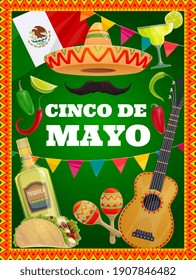 Vector Cinco de Mayo de los símbolos tradicionales mexicanos sombrero sombrero sombrero sombrero sombrero sombrero sombrero mexicano, bigotes, guitarra y tequila con lima y tacos. Maracas, bandera, chile rojo y verde picante jalapeno pimienta Cinco de Mayo afiche de caricatura