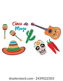 Cinco De Mayo Vectors Including Sugarskull Cactus Guitar Sombrero Maracas And Pepper