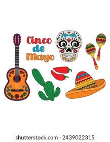 Cinco De Mayo Vectors Of Sugarskull Cactus Guitar Sombrero Maracas And Pepper