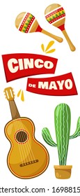 Cinco de mayo vertikale Banner, mexicanische traditionelle Fest. Gitarre und Maracas. Vektorillustration