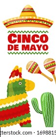 Cinco de mayo vertical banner, mexican traditional fiesta. Pair of maracas, donkey pinata and cactus. Vector