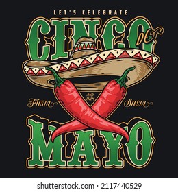 Cinco de mayo vintage emblem with sombrero and chili pepper, isolated vector illustration