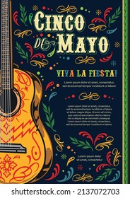 Cinco de Mayo vintage vertical poster with painted acoustic guitar on dark background with multi-colored swirl elements, place for text, vector illustration