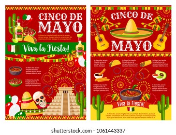 Cinco de Mayo Viva la Fiesta banner template for mexican holiday party. Festive sombrero, maracas and chili pepper, tequila, guitar and cactus poster design with Mexico flag and firework on background