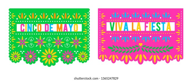 Cinco de Mayo. Viva la fiesta. Vector papel picado banners with floral pattern. Mexican holiday decorations template.