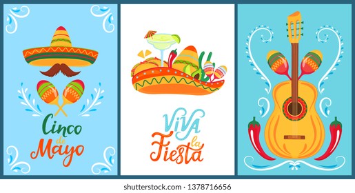 Cinco de Mayo. Viva la Fiesta. Hand drawn lettering. A set of festive posters to the Mexican national holiday. Sombreros, mustaches, maracas. Margarita cocktail, tacos, avocado, lime, guitar.