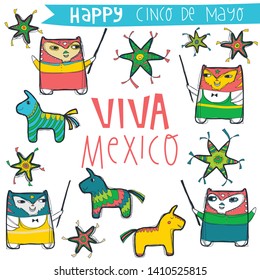 Cinco de Mayo. Viva Mexico. Collection of Pinatas and lucha libre mexican bear wrestler with the masks. vector cartoon character set on white background with lettering