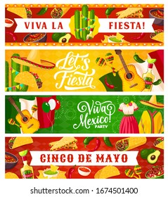 Cinco de Mayo and Viva Mexico vector Mexican holiday greeting banners. Sombrero hats, chilli peppers, maracas and cactuses, fiesta mariachi guitars, Mexico flag, nachos, tequila and tacos