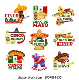 Cinco de Mayo and Viva Mexico isolated icons. Vector fiesta party sombrereo hats, maracas, Mexican flag and guitar, chilli pepper musician, tequila margarita, tacos and pinata, jalapeno and burrito