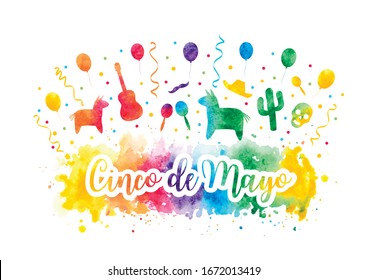  Cinco de Mayo watercolor rainbow vector banner with sombrero, balloons, pinata, confetti and maracas