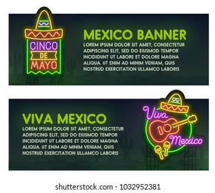 Cinco De Mayo web banners. Night city sign neon. Realistic neon sign. Viva Mexico logo, emblem and label. Bright signboard, light banner.  Vector illustration.