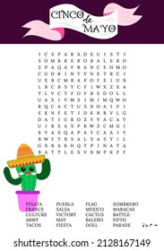 Cinco De Mayo Word Search Puzzle.  Federal Holiday In Mexico. Logic Game Crossword. Festive Worksheet Printable. School Party Activity Card. 
