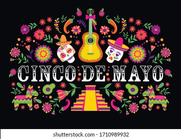 Cinco de Mayo-May 5th-typography banner vector. Mexico design for fiesta cards or party invitation, poster. Flowers traditional mexican frame with floral letters on black background.