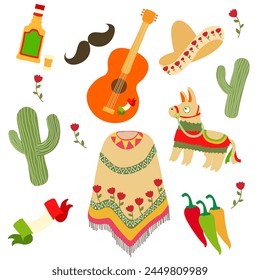 Cinco de Mayo's complement concept with cartoon illustration. There are guitar, hat, cactus, pinata, chili, Mexico flag, tequila drink, moustache, and poncho. Isolated background.