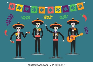 Cinco de Mayo's postcard. funny skeletons playing guitar, maracas. vector illustration. Day of the Dead Mexico