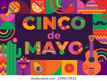 Cinco de Mayo,tile banner with geometric simple symbols of holiday-pepper, margarita, guitar, sombrero.Flyer for advertise, web, social media, design, marketing and print.Mexican fiesta concept.Vector