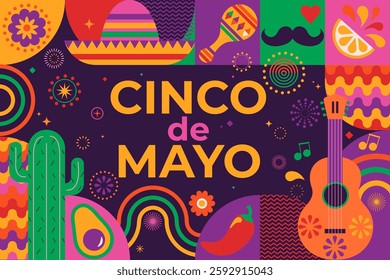 Cinco de Mayo,tile banner with geometric simple symbols of holiday-pepper,margarita,guitar,sombrero on background with fireworks.Flyer for advertise,web,social media,design, marketing and print.Vector