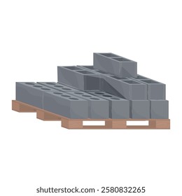 Cinder blocks building material on pallette concrete construction material isometric vector illustration. Brick pile rectangle solid for architecture building wall engineering constructing