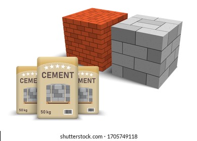 Cinder blocks and red brick. Cement bags. Paper sacks. Big and small concrete blocks. Building  design. Vector illustration.