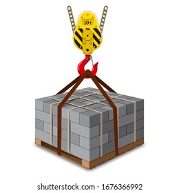 Cinder Concrete Block On Wooden Pallet. Crane Hook. Industrial Shackle. Lifting Industrial Mechanism. Vector Illustration On White Background.