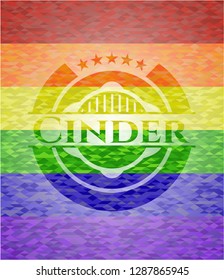 Cinder on mosaic background with the colors of the LGBT flag