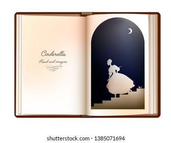Cinderalla story idea, reading and imagination concept, vintage empty book page looks like arch window with cindarella silhouette, vector svg