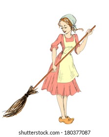 cinderella with a broom sweeps