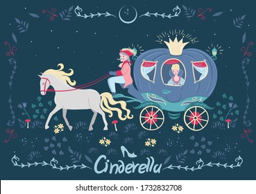 Cinderella in the carriage. Fairytale banner with the inscription. Vector graphics.