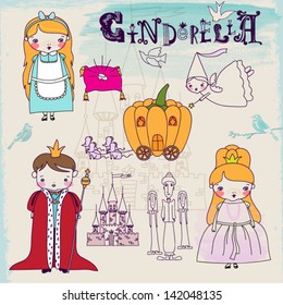 Cinderella Fairytale Characters and Symbols - Hand drawn characters illustrating famous children fairytale, including evil stepmother, prince, Cinderella's fairy godmother and pumpkin carriage