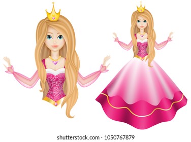 Cinderella with Golden Crown, Photo Realistic Princess Doll in a Pink Long Festive Dress, Cartoon Character, Hand Drawn Vector Illustration EPS 10