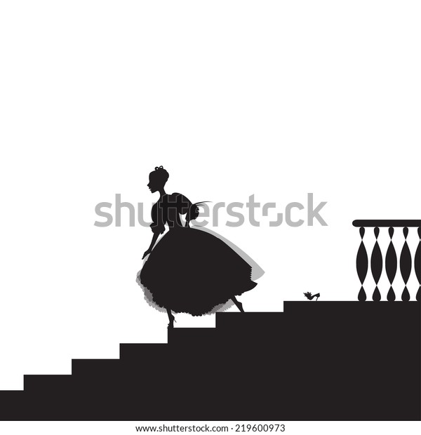 シンデレラは靴を脱ぎ 踊りから走り 女の子が階段を駆け下り 影 おとぎ話をする のベクター画像素材 ロイヤリティフリー
