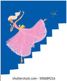 Cinderella running down the stairs and loosing the shoe. Stock vector illustration. 