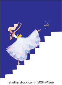 Cinderella running down the stairs. vector illustration. 