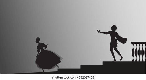 Cinderella runs out from ball and looses her shoe, and prince hails her and gives her shoes, shadows, fairytale