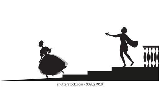 Cinderella runs out from ball and looses her shoe, and prince hails her and gives her shoes, shadows, fairytale svg