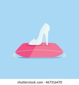 Cinderella Shoe On A Pillow With A Stars Illustration Isolated In A Light Blue Background