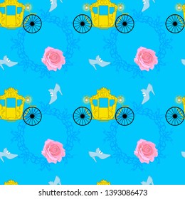Cinderella shoe and rose on pattern, blue background, gold carriage, vector, endless