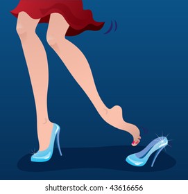Cinderella's shoes. Vector illustration of a modern Cinderella losing a crystal shoe
