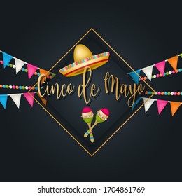 Cindo de Mayo banner background. Golden lettering, sombrero and maracas. Mexican traditional holiday concept. Vector illustration.