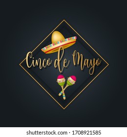 Cindo de Mayo banner background. Golden lettering, sombrero and maracas. Mexican traditional holiday concept. Vector illustration.