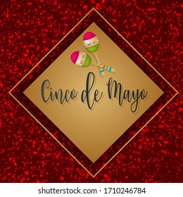 Cindo de Mayo banner background. Golden frame and maracas. Mexican traditional holiday concept. Vector illustration.