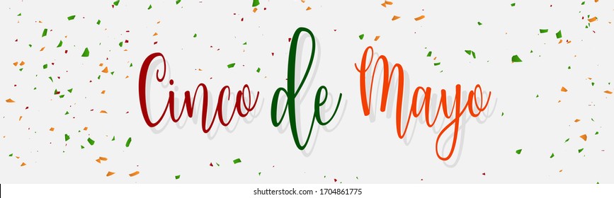 Cindo de Mayo banner or header. White background with red and green confetti and lettering. Vector illustration.