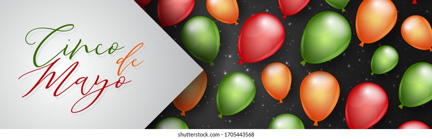 Cindo de Mayo banner or header. Red, green, and white balloons on black background. Mexican traditional holiday concept. Vector illustration.