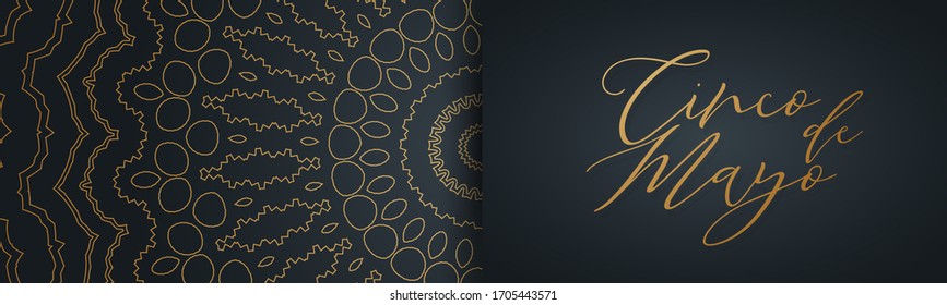 Cindo de Mayo banner or header. Golden lettering on black background with ornament. Vector illustration.