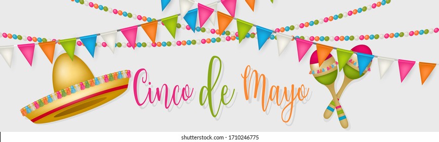 Cindo de Mayo banner or header. Colorful bunting garland, sombrero, maracas and lettering. Vector illustration.