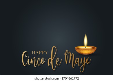 Cindo de Mayo banner or poster. Golden lettering and candle on black background. Vector illustration.