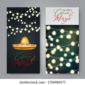 Cindo de Mayo banners set. Red, green, and orange  lettering, sombrero and maracas over dark background with garland lights. Mexican traditional holiday concept. Vector illustration.