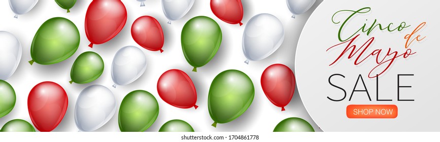 Cindo de Mayo sale banner or header. Red, green, and white balloons. Mexican traditional holiday concept. Vector illustration.