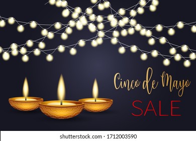 Cindo de Mayo sale banner background. Golden lettering, garland lights, and candles. Mexican traditional holiday concept. Vector illustration.
