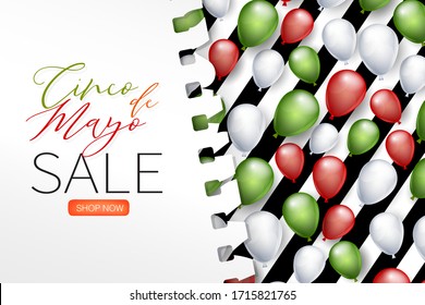 Cindo de Mayo sale banner or poster. Red, green, and white balloons. Mexican traditional holiday concept. Vector illustration.